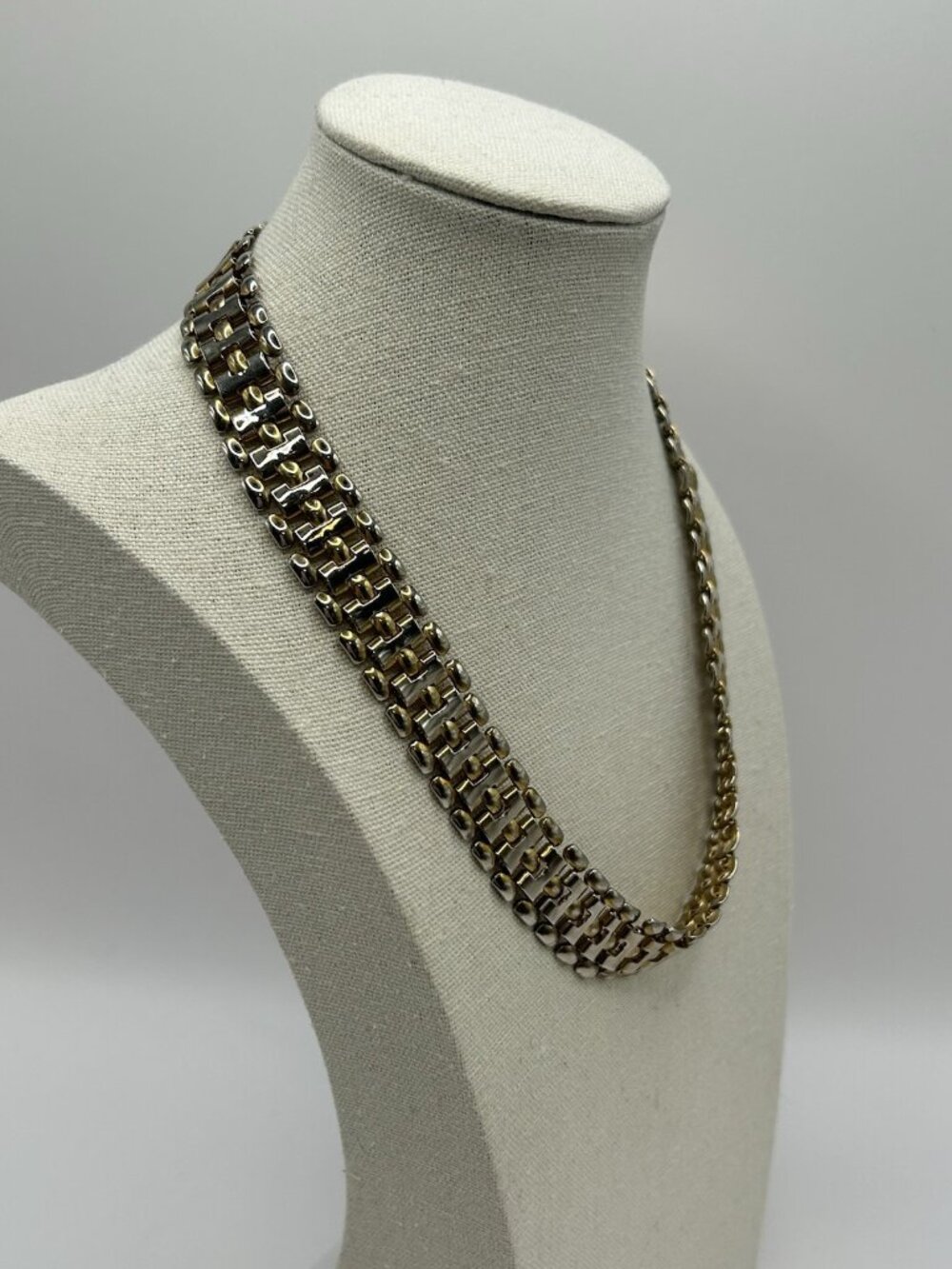 Vintage Two Tone Link Necklace Silver Gold Tone Chunky Statement 17” Bold Panel - Picture 7 of 11